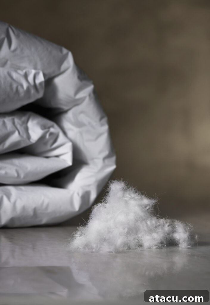 A down duvet next to a pile of down.