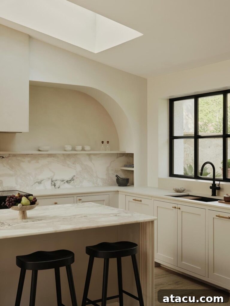 Kitchen corner featuring polished marble counters, an elegant arched wall niche, and a contrasting black-framed window, creating a balanced aesthetic.