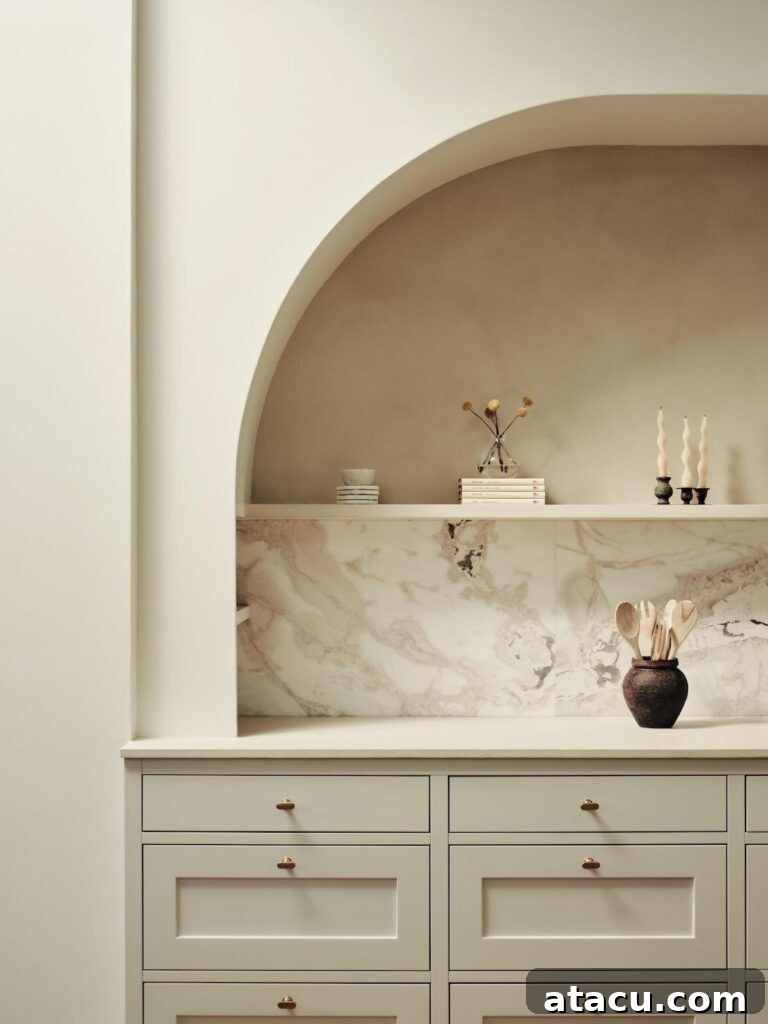 Close-up view of an arched kitchen alcove, detailed with elegant marble backsplash and styled with minimalist elements.