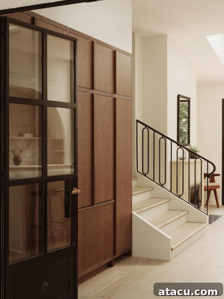 Modern hallway showcasing warm wood cabinetry, a sleek black-framed glass door, and a light oak staircase, creating a sophisticated and inviting entrance.