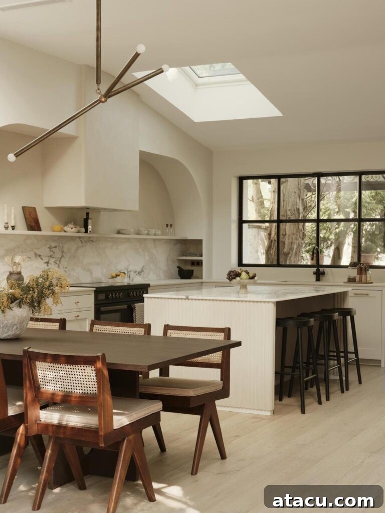 Kitchen cabinetry in a soft cream tone, complemented by a luxurious marble backsplash and an elegant arched wall niche, defining a sophisticated design.