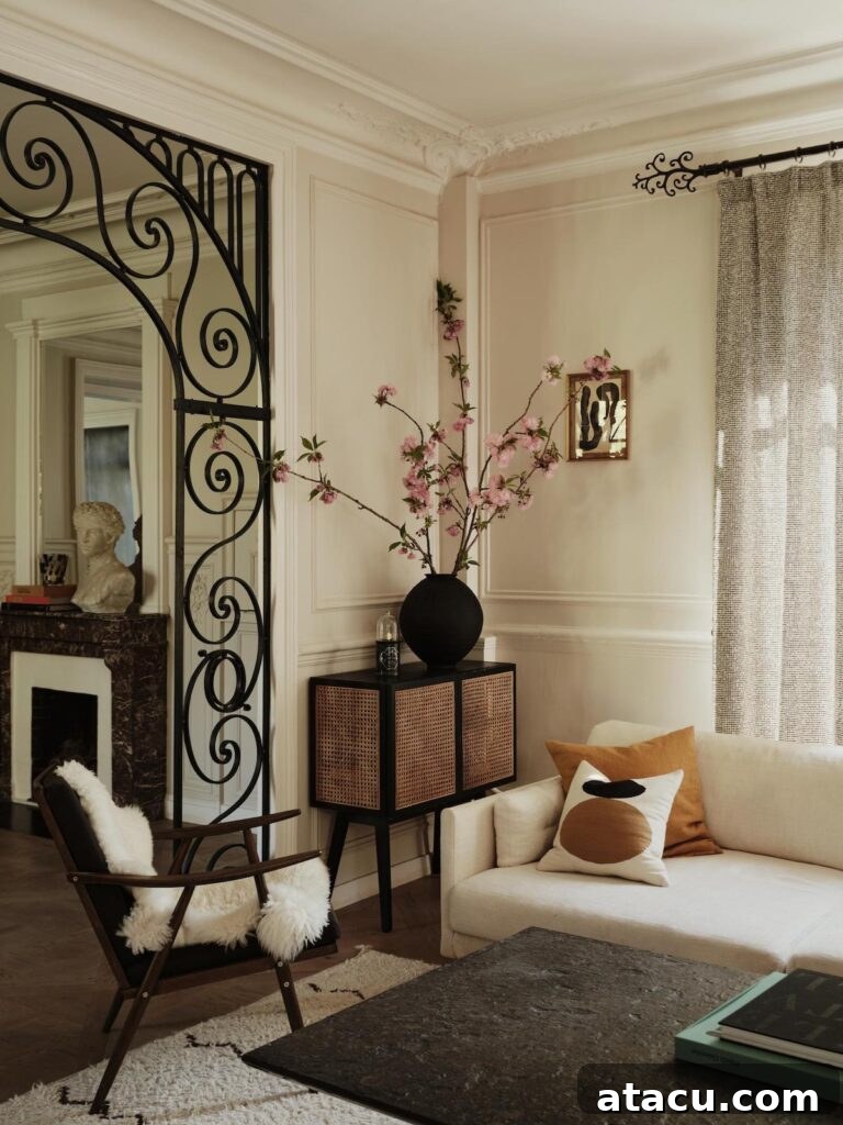 Elegant Belle Époque living room furnished with a modern armchair, a sculptural wooden cabinet, and a delicate cherry blossom arrangement, creating a refined atmosphere.