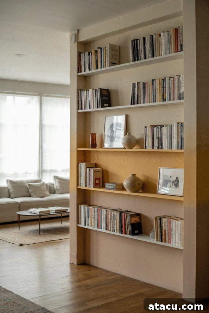A vibrant yellow ombre effect bookcase, a modern statement piece in a stylish living room, showcasing personalized furniture design.