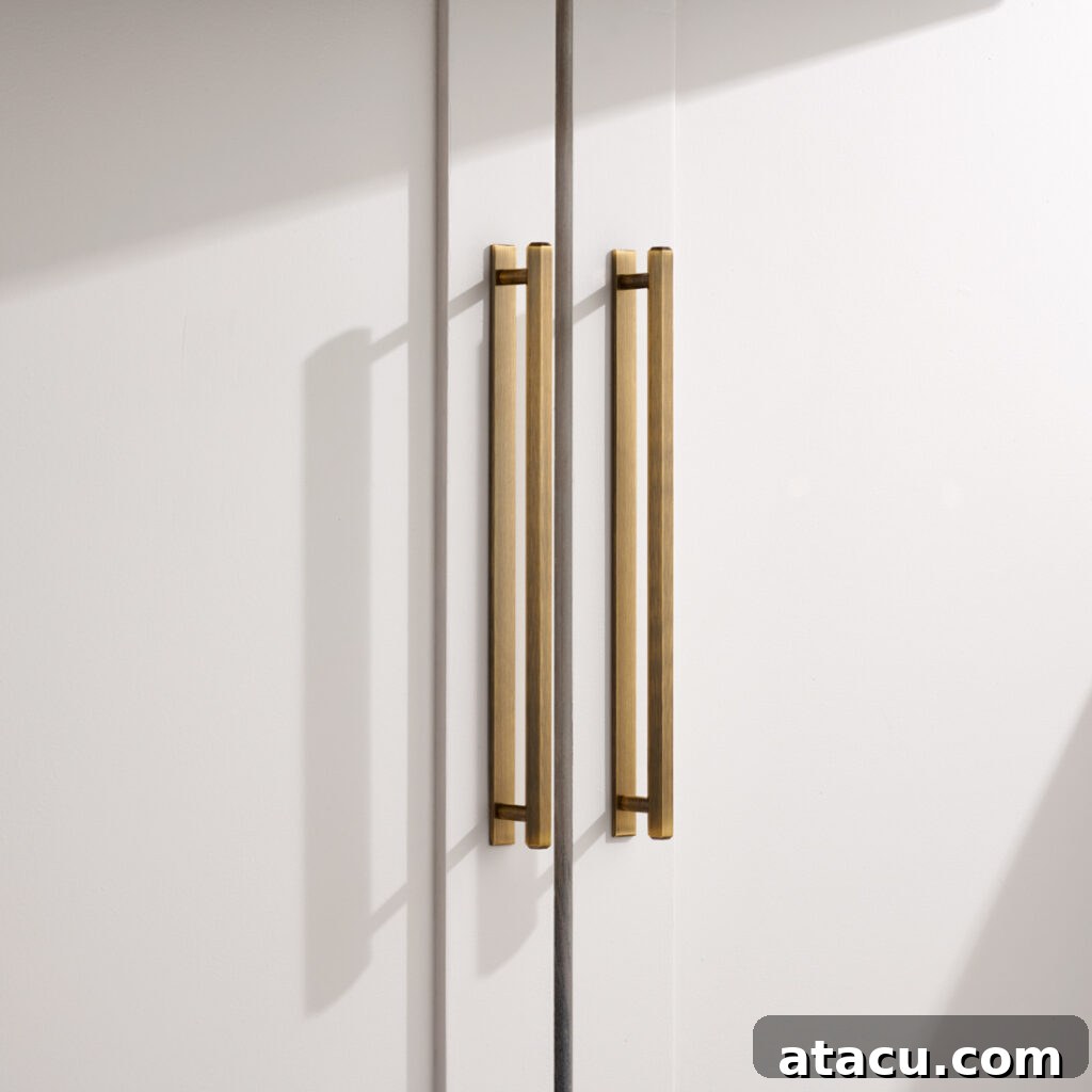 Close up image of stylish brass door handles, showcasing elegant hardware for furniture customization.