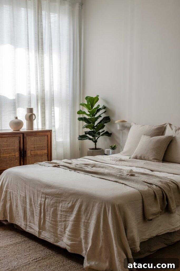 A serene Japandi style bedroom featuring neutral linen bedding and a minimalist aesthetic, highlighting bespoke furniture elements.