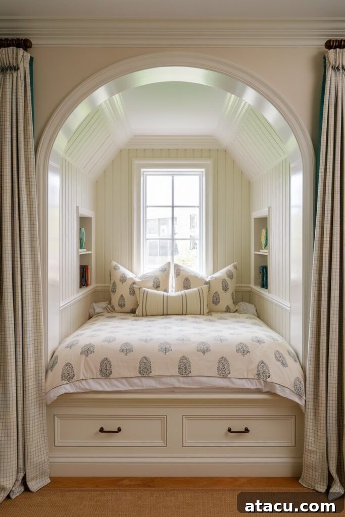 A cozy alcove bed nook featuring clever built-in storage and integrated lighting, optimizing space in a compact bedroom.