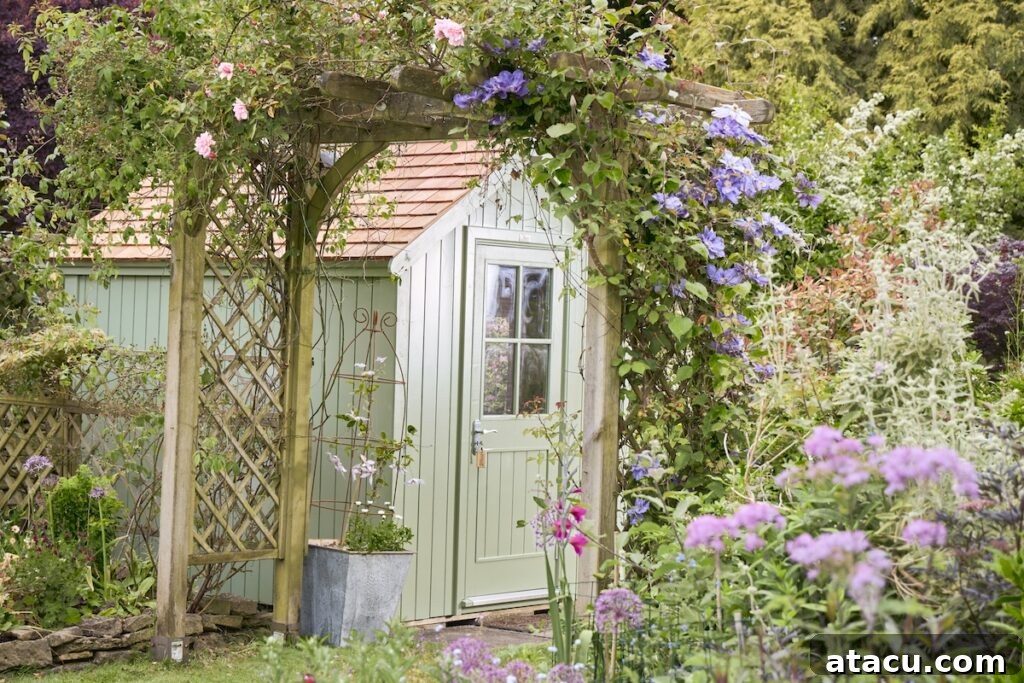 A sage green shed is a romantic English country garden.
