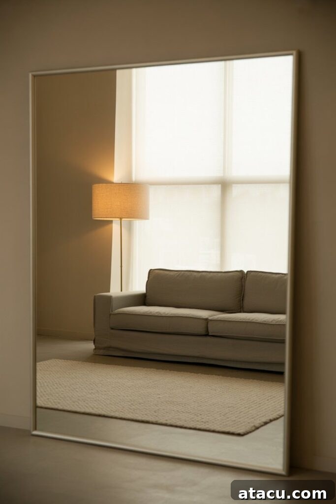 A large mirror in a modern minimalist living room.