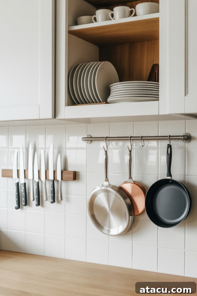Wall storage in a compact kitchen.