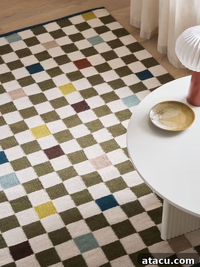 Geometric chequerboard rug in a modern living room.