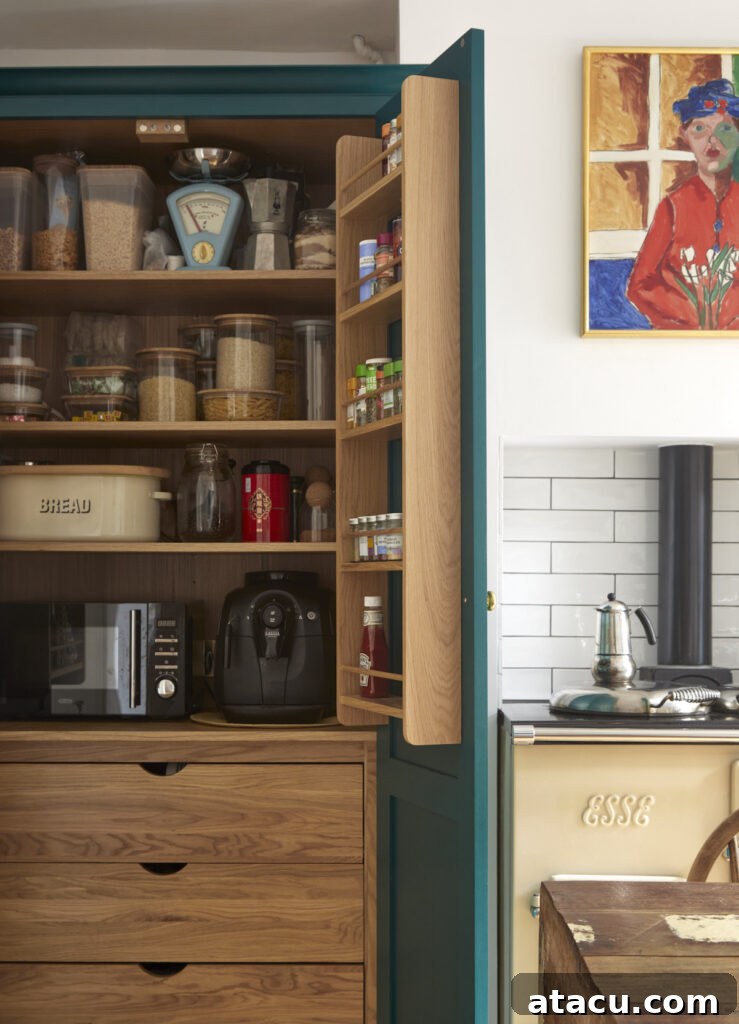Compact coffee station with built-in storage and kitchen appliances in a green pantry unit, featuring vintage scales and containers.