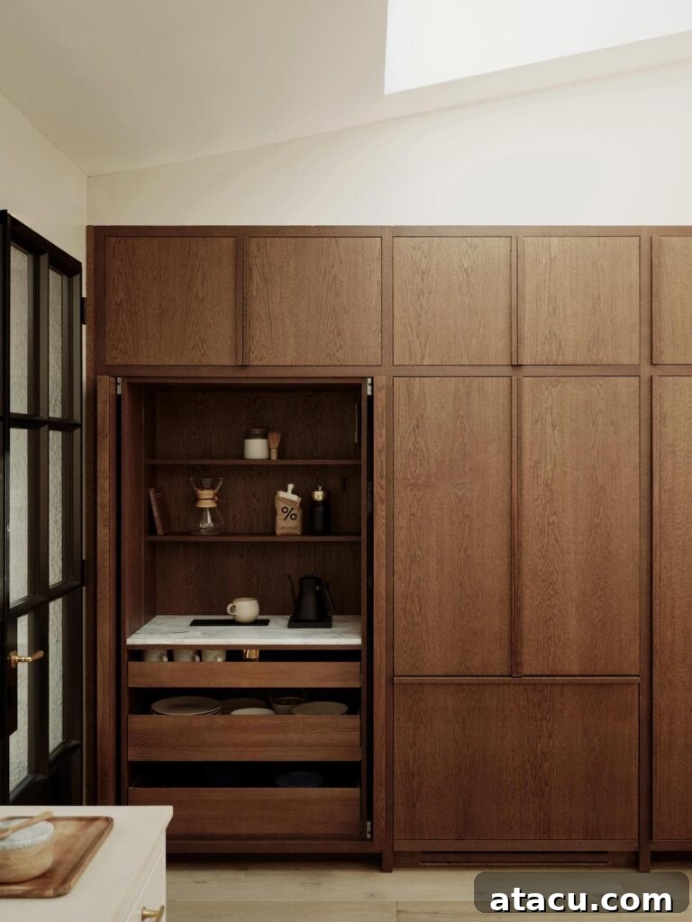 Sleek built-in coffee station and appliance nook featuring a luxurious marble counter and convenient wood pull-out drawers, hidden behind pocket doors.