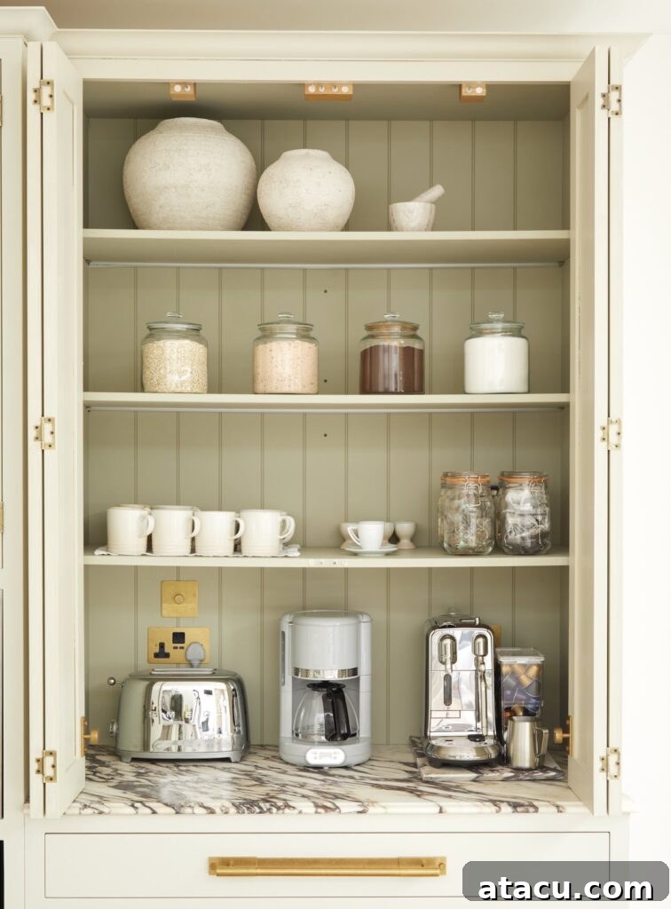 Serene neutral-toned coffee station featuring wood-panelled cabinetry, a luxurious marble counter, glass jars, and modern coffee appliances.