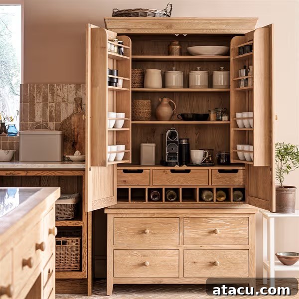 Inviting whitewashed oak cabinet coffee station with open shelving, practical drawers, and an espresso machine, exuding cottage charm.