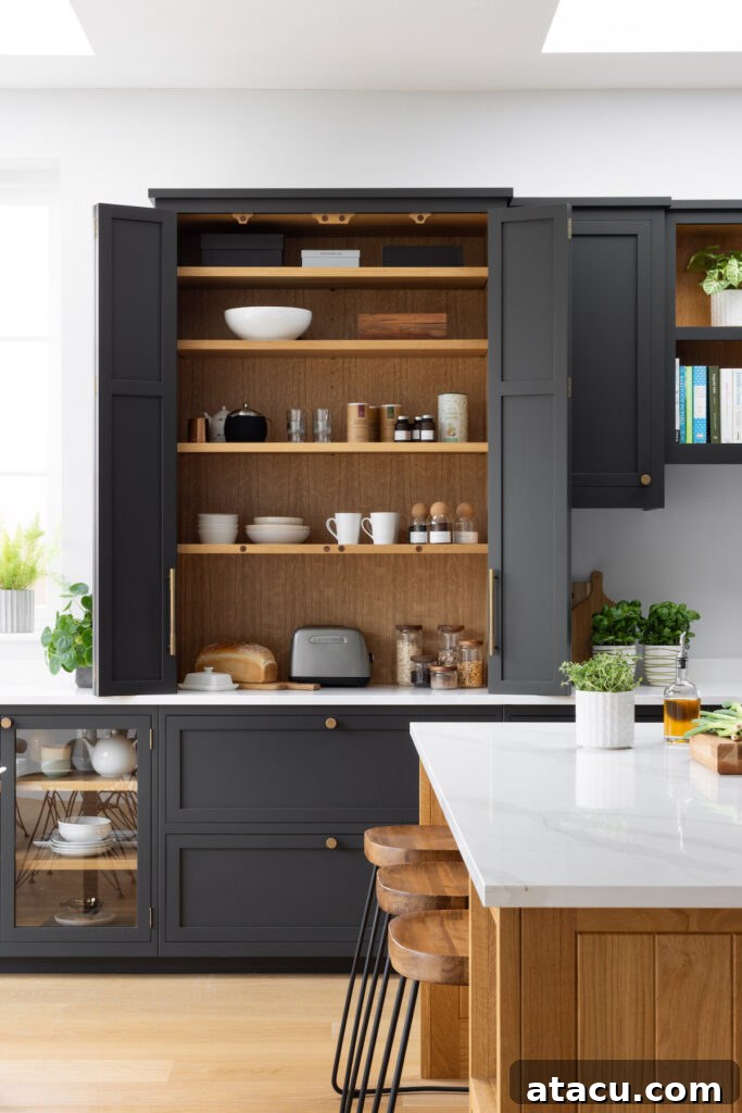 Sleek modern black cabinetry coffee station with warm wood shelves, a toaster, and minimalistic styling for a contemporary kitchen.