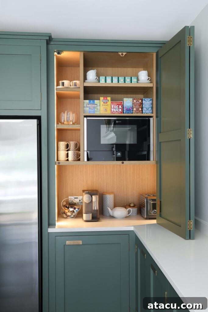 Innovative green cabinet coffee station featuring a built-in microwave, capsule coffee machine, and a meticulously organized tea shelf with integrated lighting.