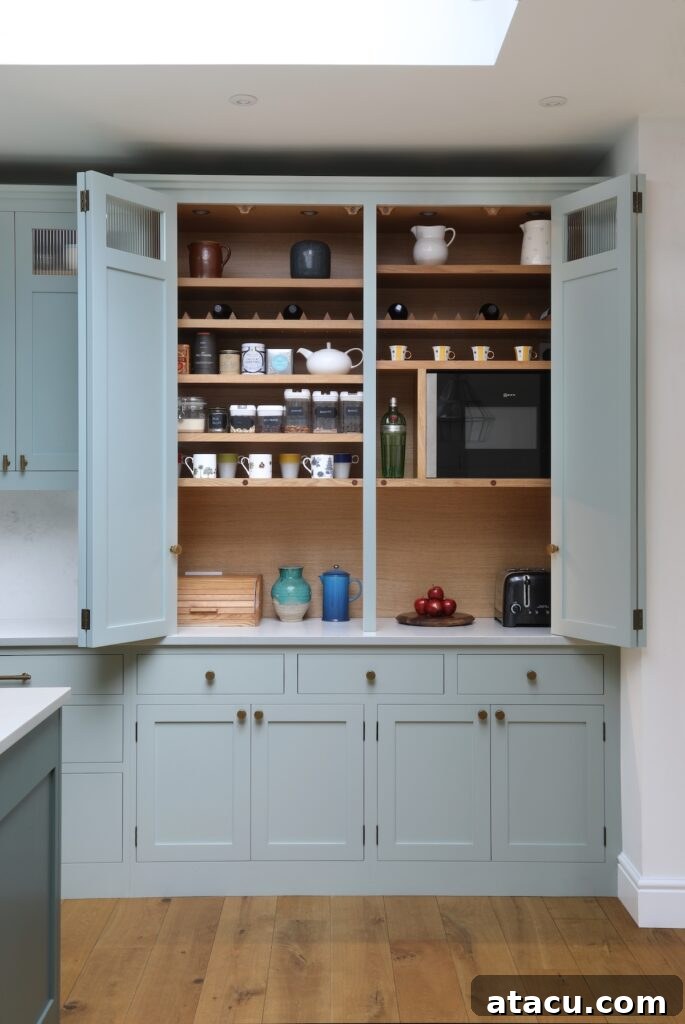 Delicate light blue coffee station with a warm wood interior, open shelving, and a black toaster, featuring integrated wine storage.