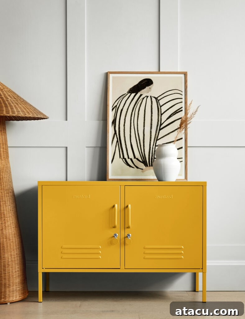 Vibrant mustard yellow cabinet with playful pink handles, exemplifying a bold color pairing in modern interiors.