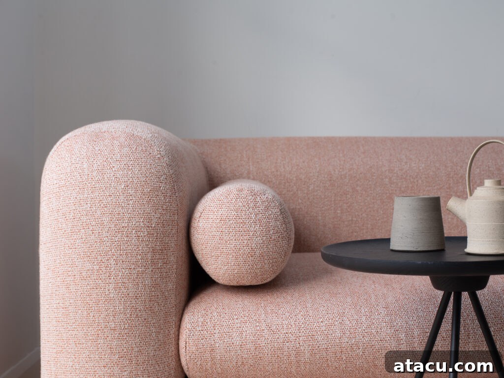 Elegant pink curved sofa with soft, organic lines, adding a touch of modern comfort and style.
