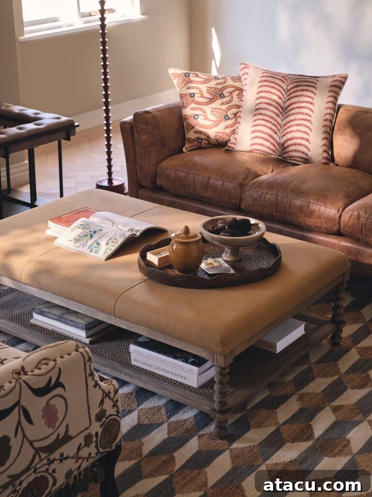 A luxurious palm print cushion resting on a stylish leather sofa, adding texture and visual interest to the living room decor.