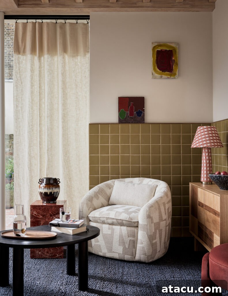 Cream armchair and black coffee table in a modern lounge with tiled walls and sculptural decor.