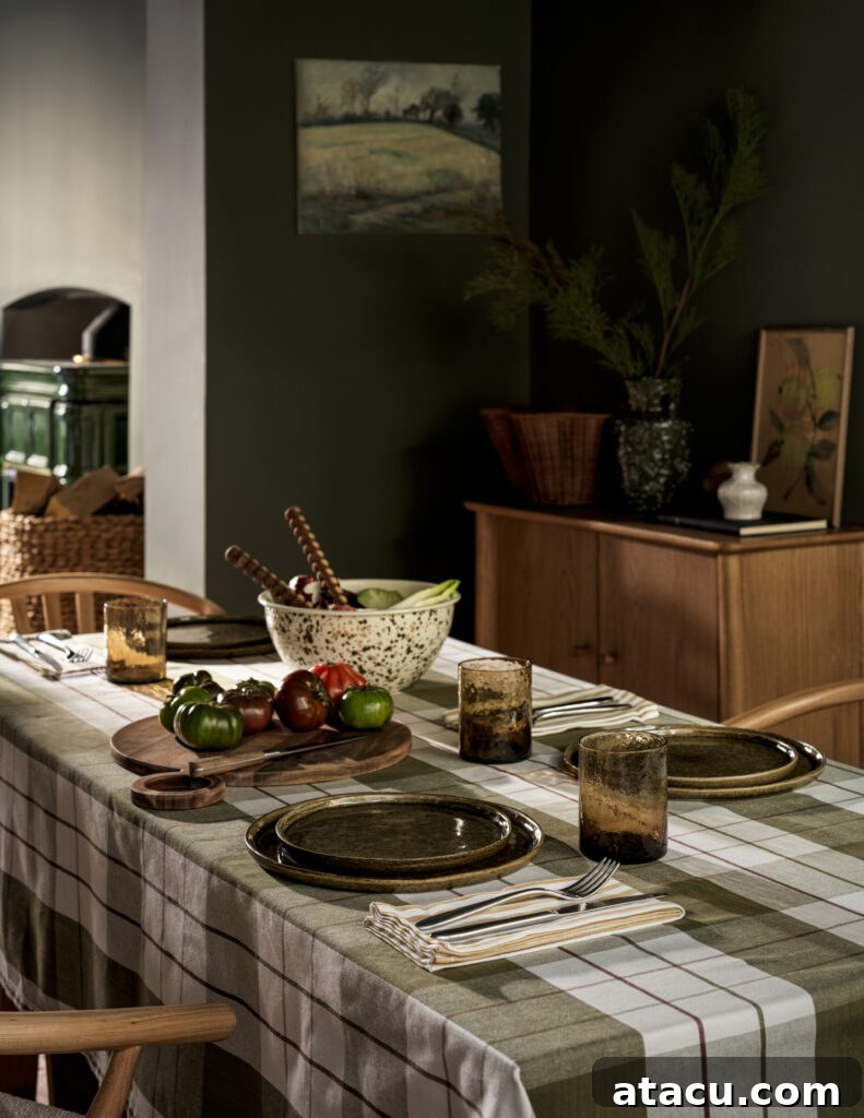 Plaid-covered dining table with ceramic plates, heirloom tomatoes, and amber glassware.
