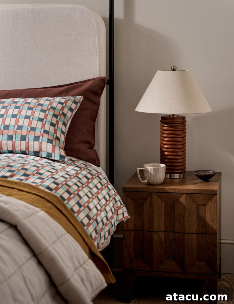 Close-up of modern bedside with geometric bedding and wood nightstand.