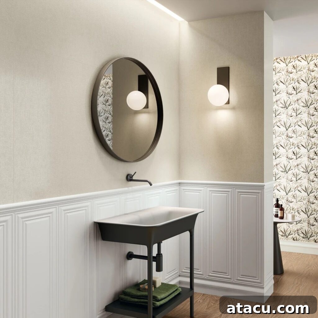 Modern bathroom with tile-over-tile wall treatment and black sink vanity.