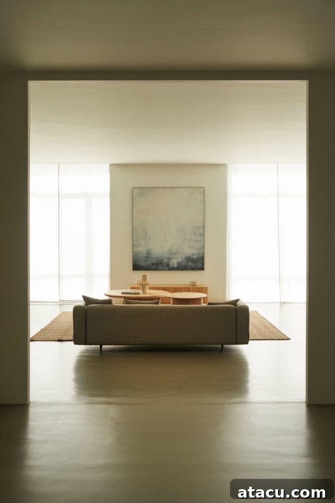 Neutral-toned living room showcasing negative space in interior design with minimalist furniture and abstract art.