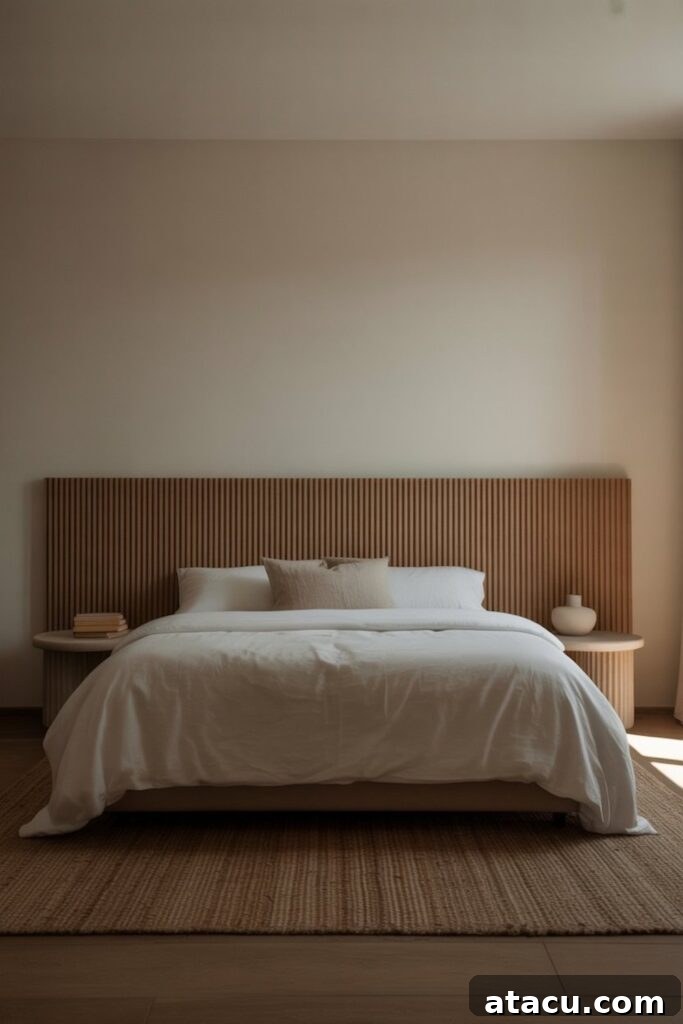 Minimalist bedroom with wood slat headboard and negative space enhancing calm design.