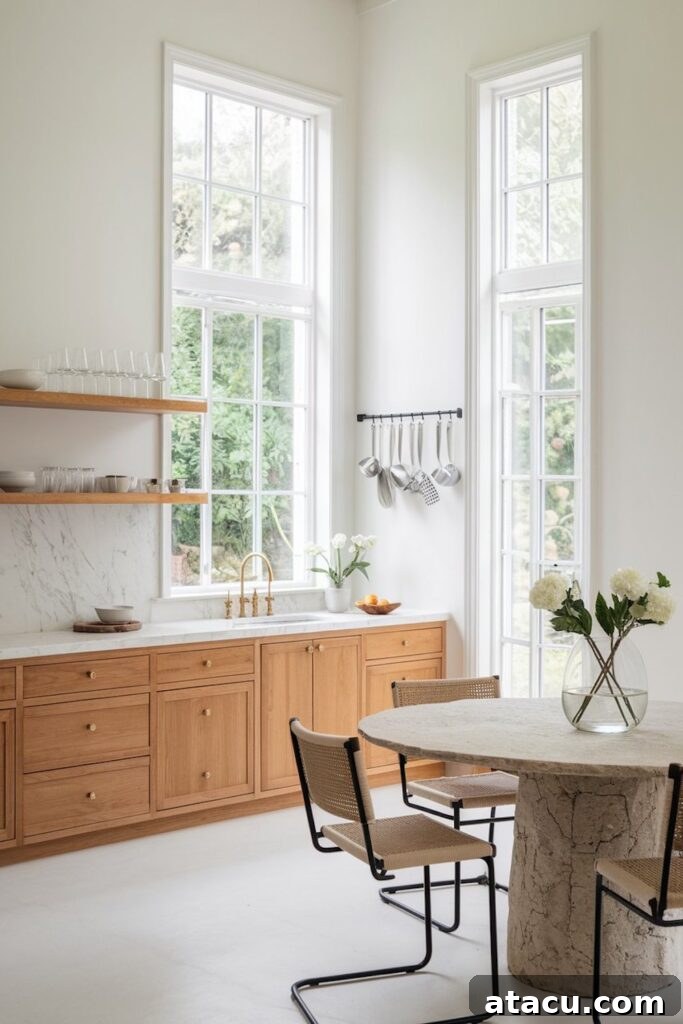 Bright kitchen with wood cabinetry and stone dining table, showcasing negative space in interior design.