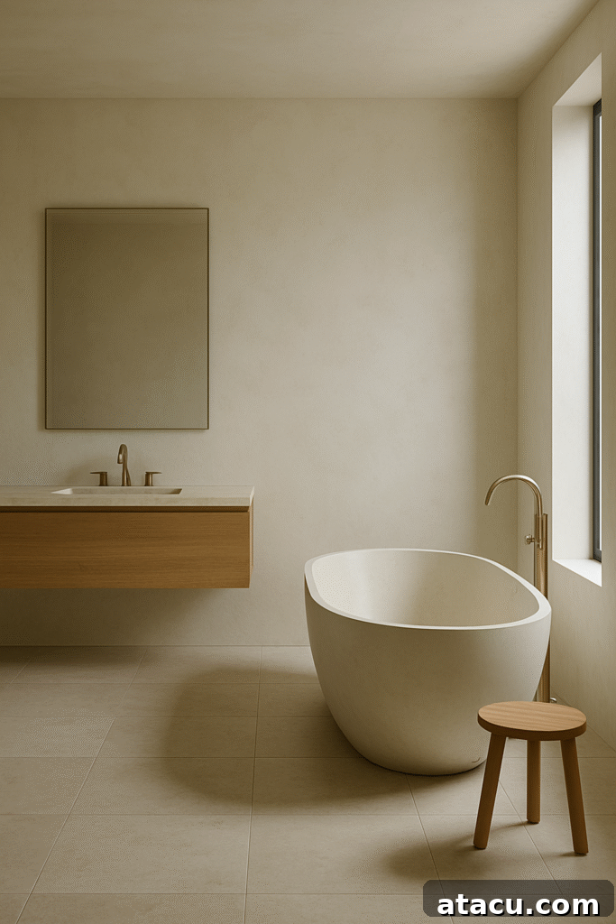 Minimalist bathroom with freestanding tub and natural wood accents showcasing negative space in design.