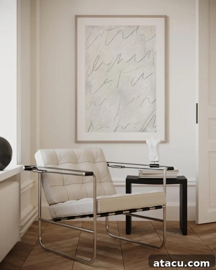 Modern cream leather lounge chair with chrome frame beside a black side table in a minimalist living room.