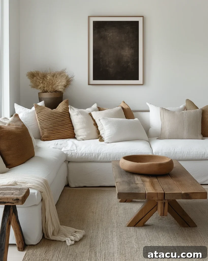 Neutral living room with white sectional sofa, rustic wood coffee table, and earth-toned throw pillows.