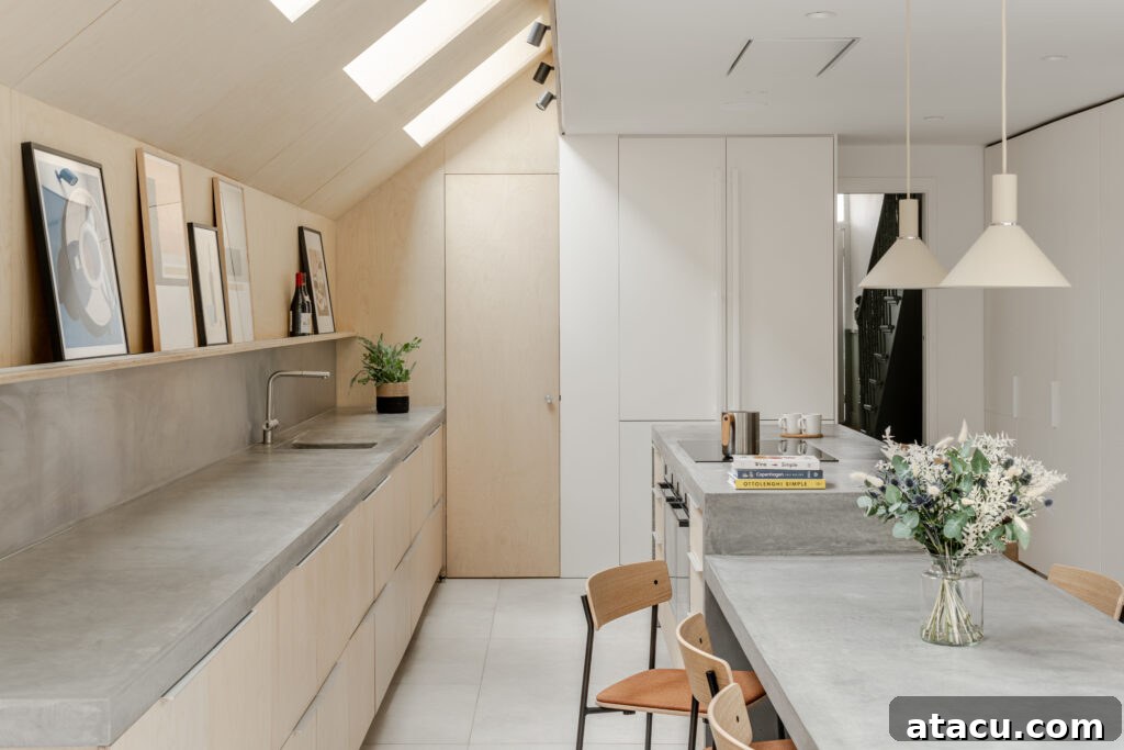 A minimalist kitchen featuring striking concrete counters, bespoke wood cabinetry, and abundant natural light streaming from skylights thoughtfully positioned above the sink area.