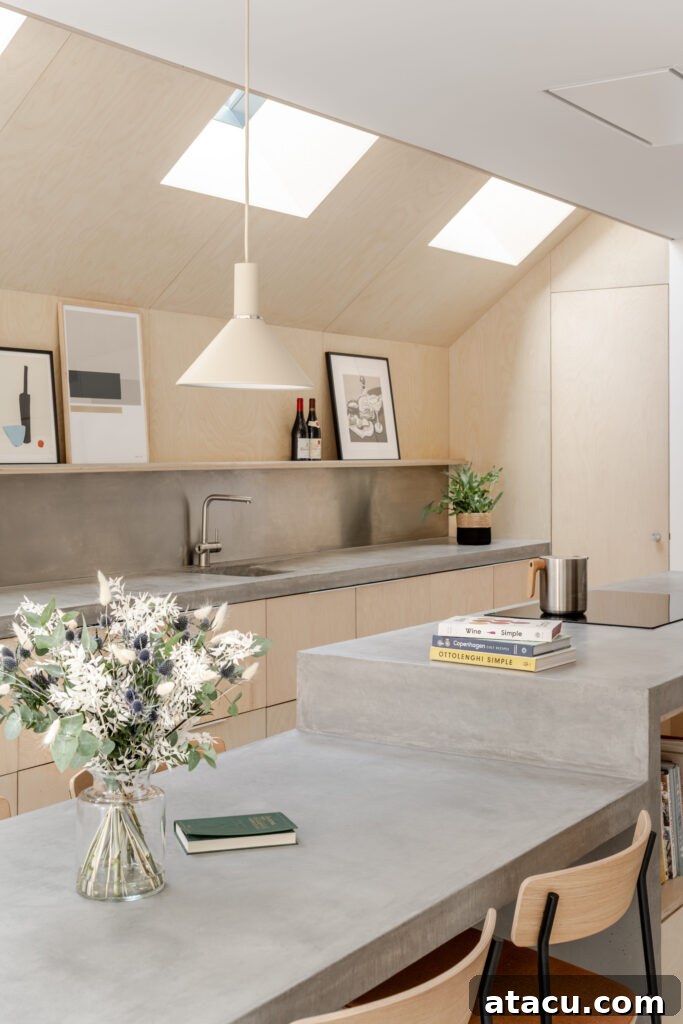 A minimalist kitchen showcasing sleek light wood cabinets, a prominent cast concrete island, and abundant natural light filtering through strategically placed skylights.