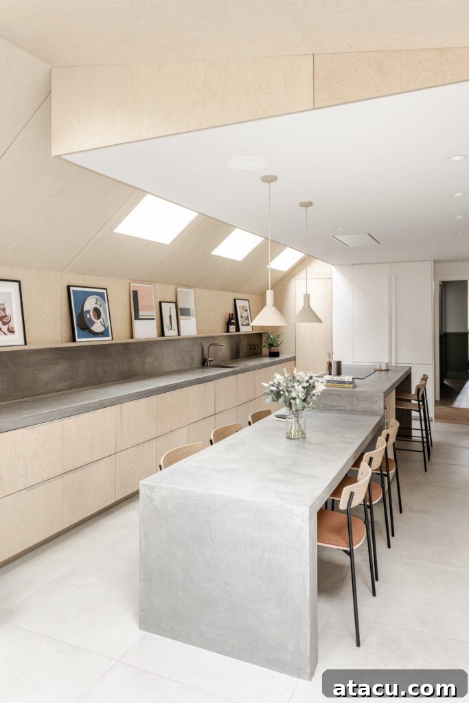 A modern minimalist kitchen featuring a grand concrete island, paired with bespoke light wood cabinetry, all bathed in ample natural light from overhead skylight ceilings.