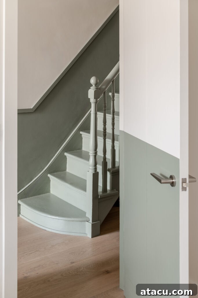 A elegantly designed staircase painted in a soothing sage green, featuring a classic wooden balustrade and complemented by rich natural oak flooring.
