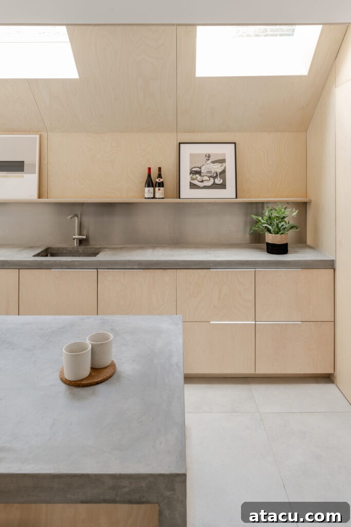 A minimalist kitchen interior featuring bespoke light wood cabinets, elegant concrete countertops, and abundant natural light filtering from a skylight positioned directly above the workspace.