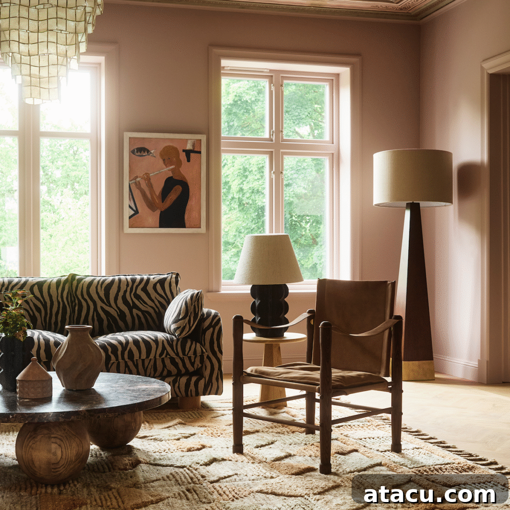 Eclectic living room with zebra-print sofa, sculptural coffee table, and leather accent chair.