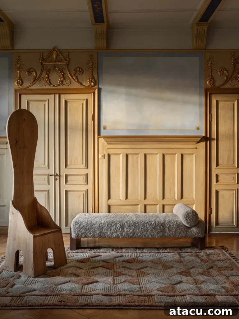 Minimalist wooden chair and textured bench in ornate wood-paneled room with patterned rug.