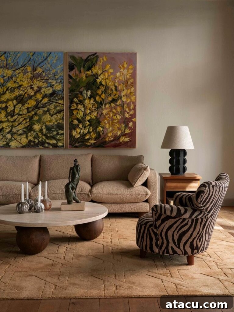 Neutral living room with beige sofa, zebra-print armchair, and round coffee table beneath floral paintings.