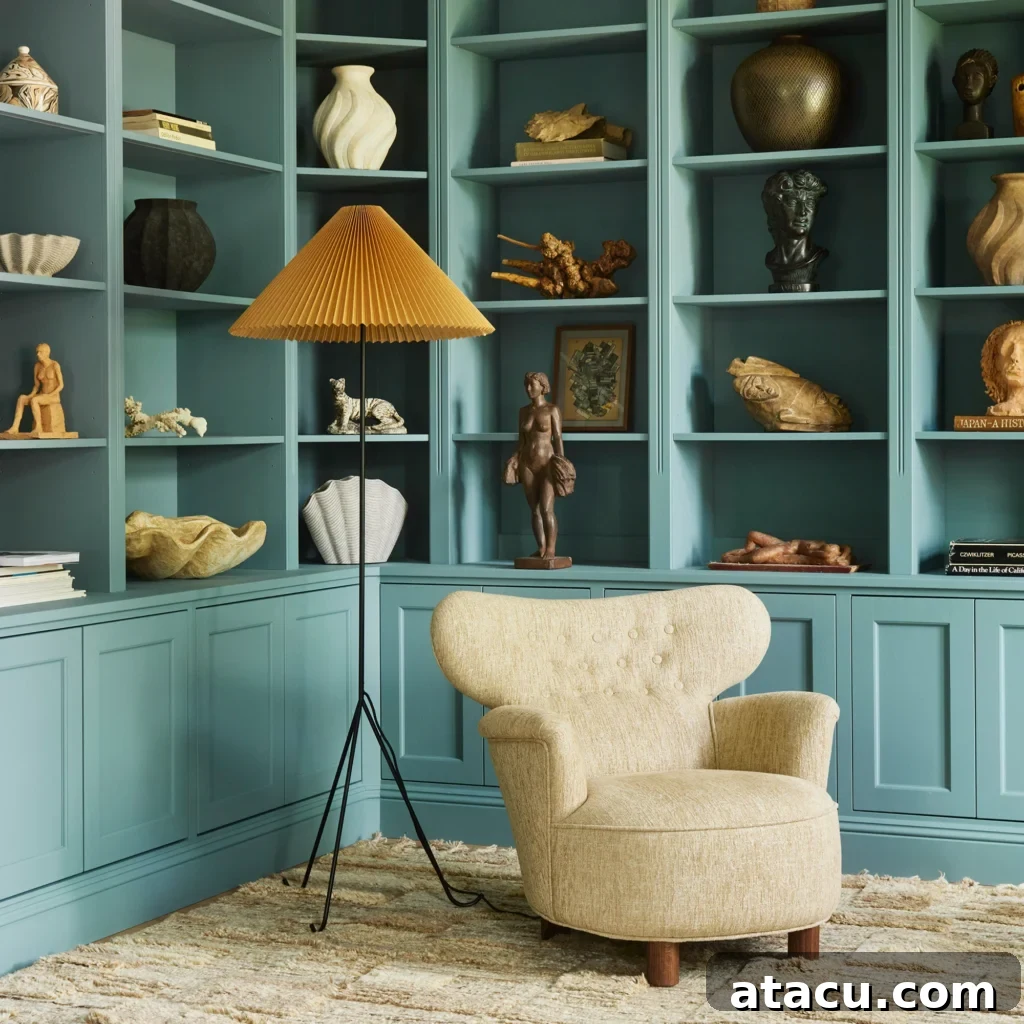 Beige modern armchair with sculptural floor lamp in front of teal built-in bookshelves with eclectic decor.