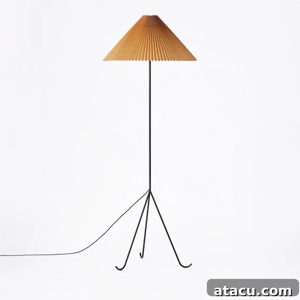 Modern black metal floor lamp with a delicate pleated shade, casting a soft, inviting glow.