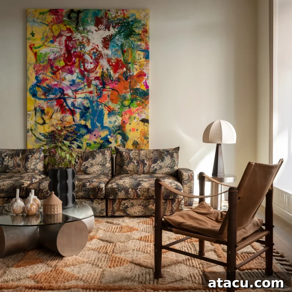 Eclectic living room with patterned sofa, abstract art, and modern glass coffee table.