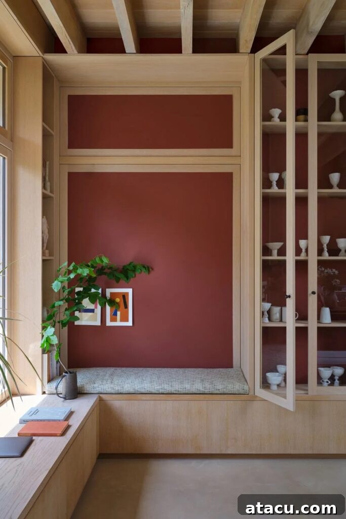 Built-in bench with a Farrow & Ball new colour Etruscan red wall, light wood cabinetry, and glass shelving.