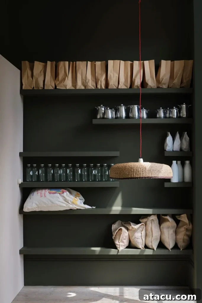 Pantry in with Farrow & Ball new colour deep green shelves, glass jars, and a woven pendant light.