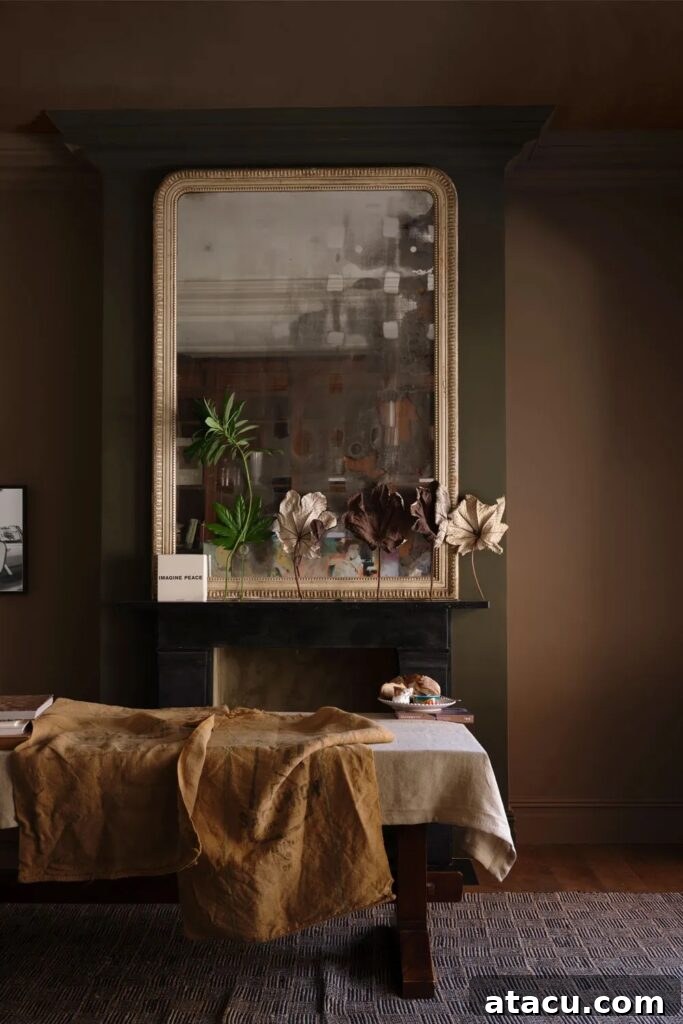 A dark and moody interior featuring deep, earthy tones from the new Farrow & Ball colours, with a vintage mirror, dark fireplace, and rustic textiles creating a rich, atmospheric setting.
