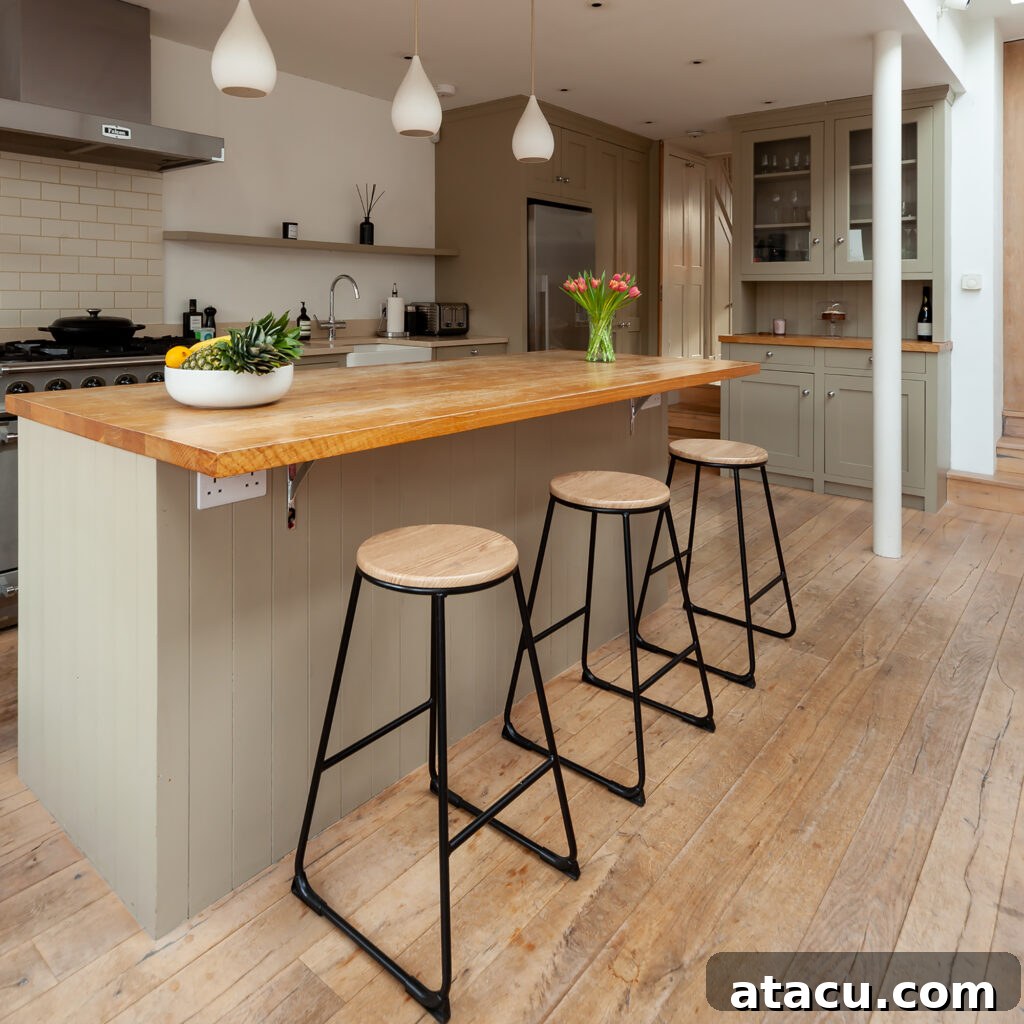 sage green kitchen with island and wooden worktops