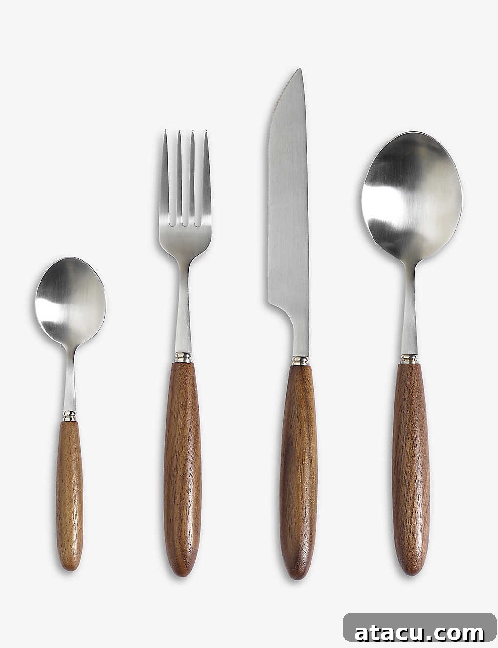 A stainless steel cutlery set with walnut handles